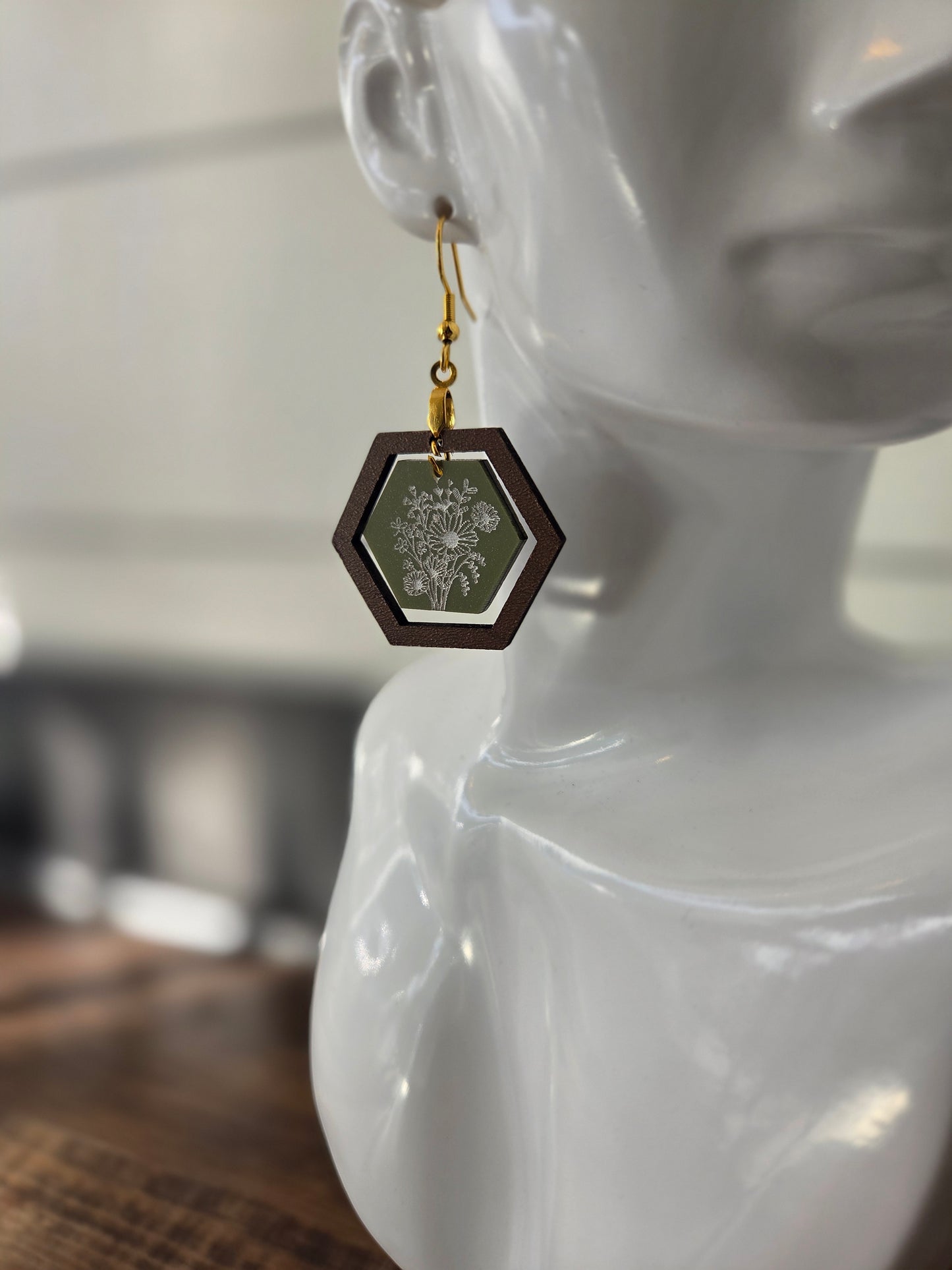 Sage Floral Hex Earrings